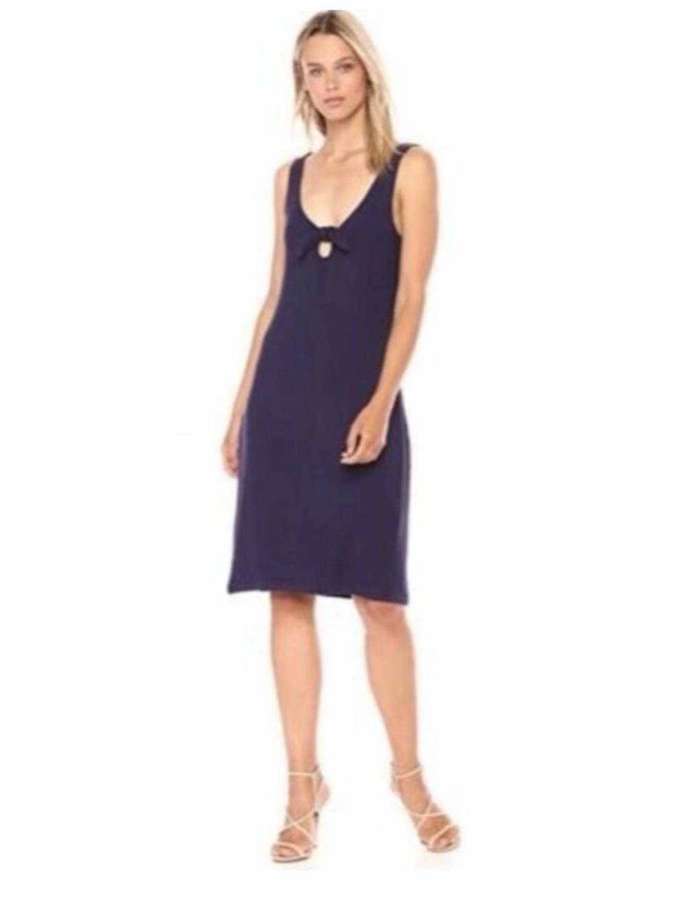 Navy Blue Ribbed Tank Dress Knot Front Stretch Midi Size‎ Small.